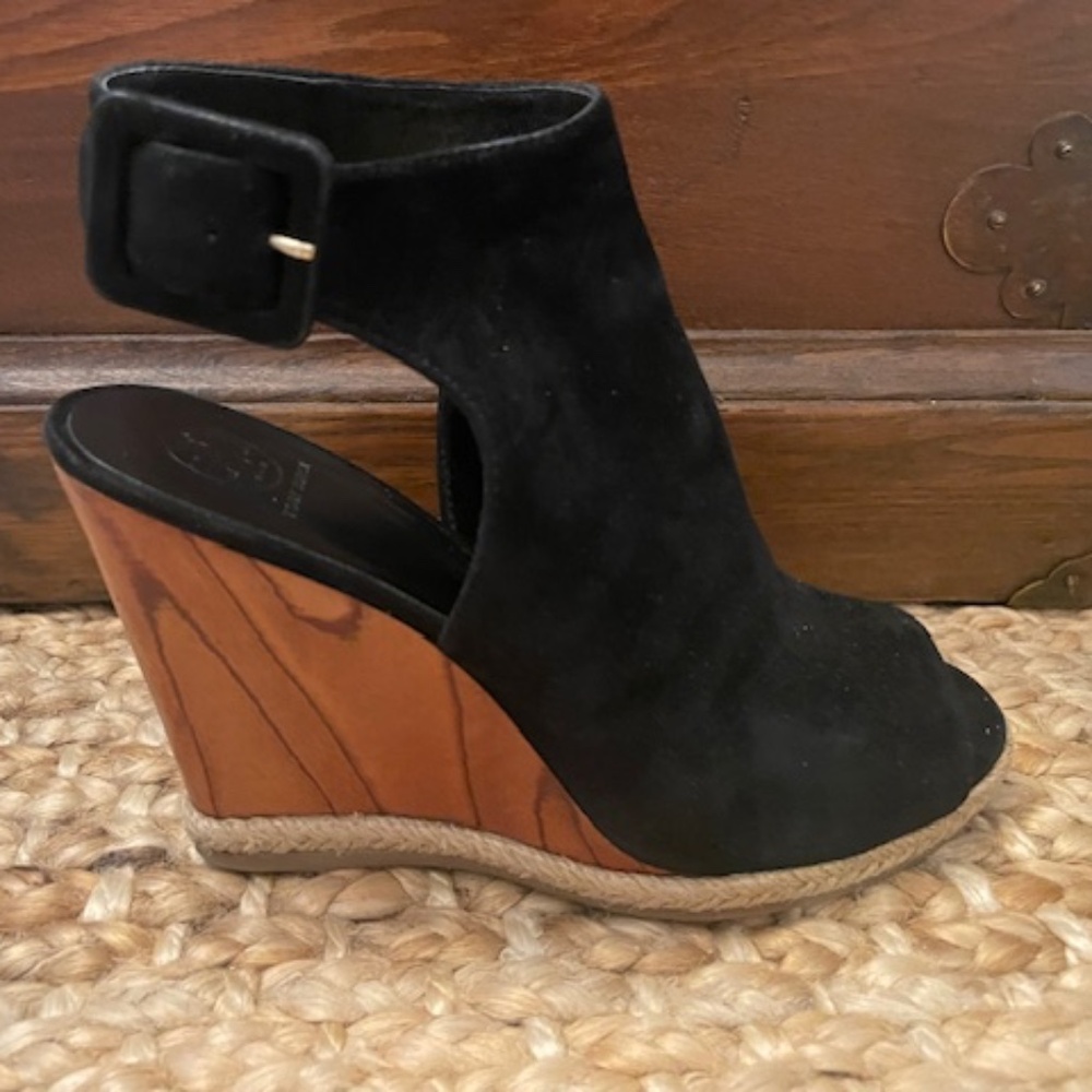 Black Suede Wedge Sandal with Wood-Effect Heel